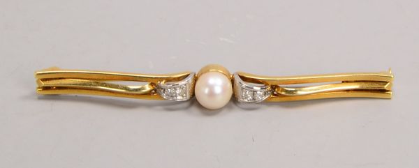 Brosche, 585 GG/WG (gest.), mit einzelner Perle und 4x Diamanten