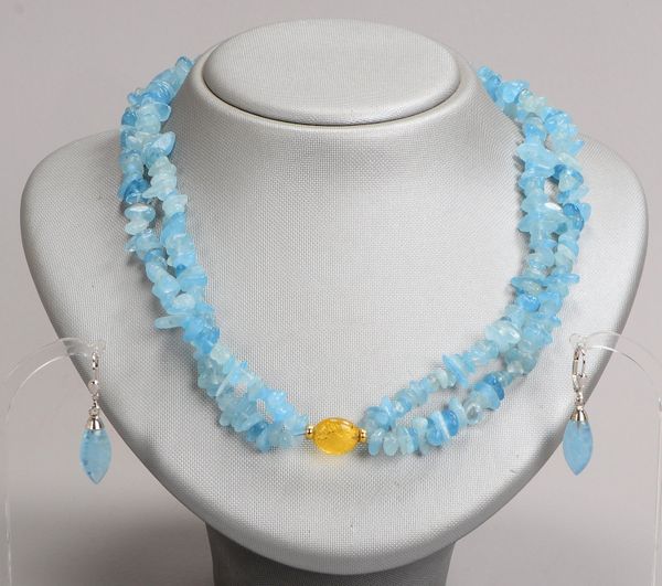 Schmuckset mit Aquamarin, 2-tlg.: Collier mit Bergkristall-Anhänger/Paar Ohrhänger