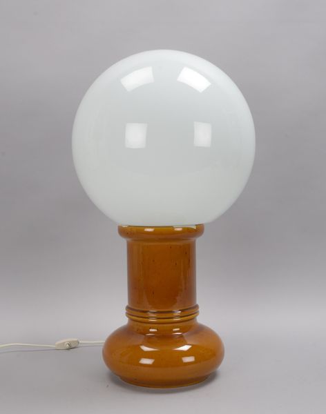 Honsel, Tischlampe, 1-flammig, braun glasierte Keramik, Glasschirm weiß-opak