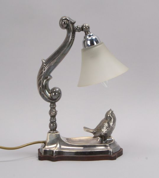 Figürliche Tischlampe, 'Vogel', Schirm geätztes Glas, verstellbar; Höhe 31 cm