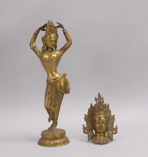 2 Bronzefiguren (Indien), teils mit Steinbesatz: 'Kopf' und 'Tänzerin'