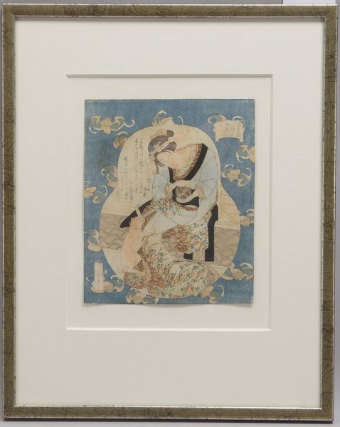 Farbholzschnitt (Japan), 'Frau mit Katze', mit japanischer Kalligrafie