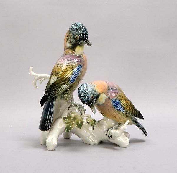 Rudolstadt/Volkstedt, Porzellanfigur, 'Eichelhäher-Paar auf Ast', Entw.: Karl Ens