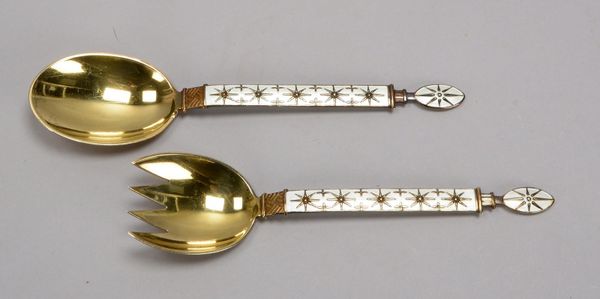 Salatbesteck, Sterlingsilber/verg., partiell emailliert: Löffel und Gabel, Gew. 98 g