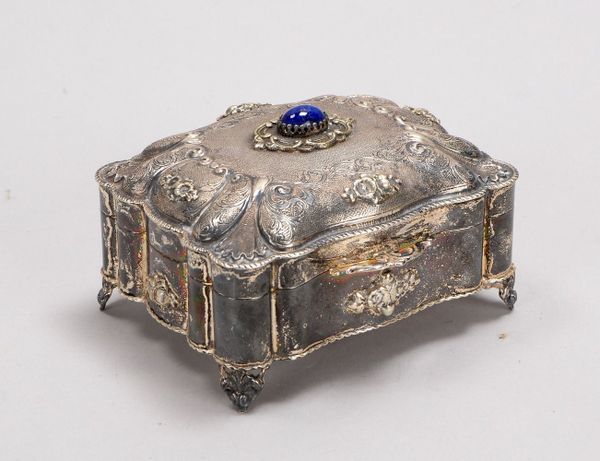 Schatulle, 800 Silber/Innenvergoldung, mit blauem (Glas-?)Steinbesatz