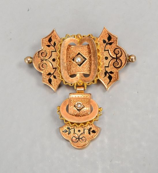 Brosche (Biedermeier), 585 RG, besetzt mit kleinen Saatperlen; Länge 4,5 cm