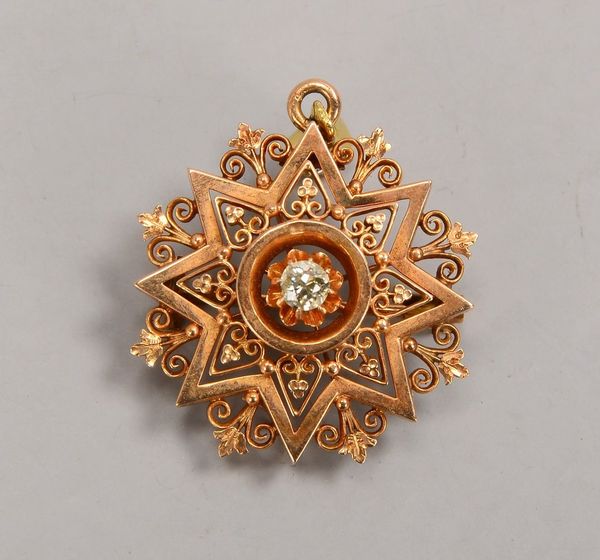 Brosche/Anhänger, 585 RG/GG (gepr.), rund, ornamental durchbr., 2x Brillanten