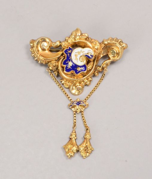 Brosche (Biedermeier), Schaumgold - partiell emailliert; Maße 4,5 x 6,5 cm