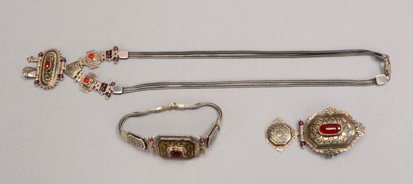 Ethnoschmuck, Sterlingsilber, Carneolbesatz: Collier, Armband und Brosche