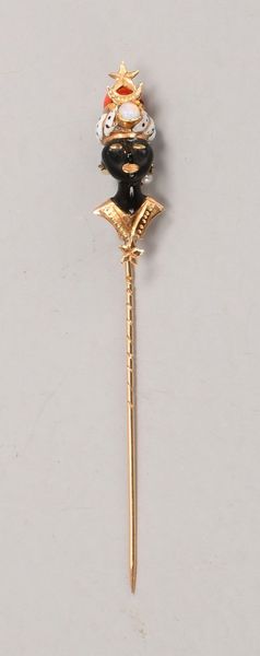 Anstecknadel, 14 kt Gold (gepr.), emaill., mit Koralle, Perlen und Mondstein