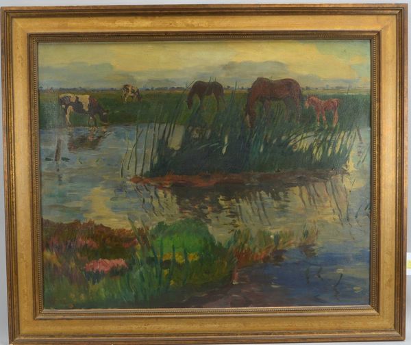 Focke, Wilhelm Heinrich, 'Weidende Pferde und Kühe am Weiher', Öl/Lw, monogr.