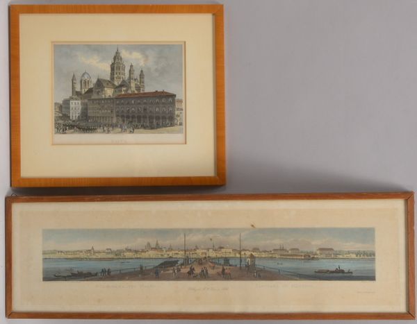 2 alte Stiche, 'Mainz': 'Städtepanorama' (Ruff) und 'Mainzer Dom' (F. Foltz)