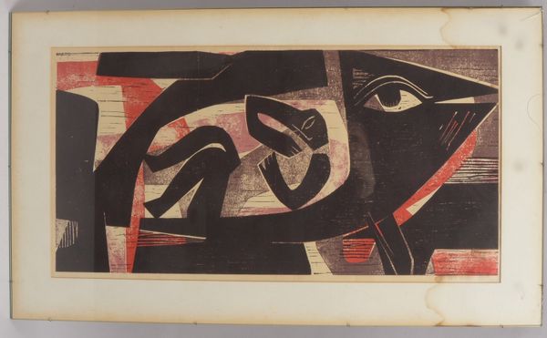 Zimmer, Erich, 'Abstraktion - Liegende Figur', Farbholzschnitt, hinter Glas gerahmt