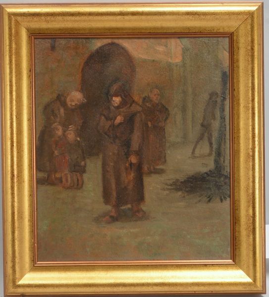 Gemälde, 'Drei Mönche mit Kindern', Öl auf Platte, unsigniert, Maße 32,5 x 37 cm