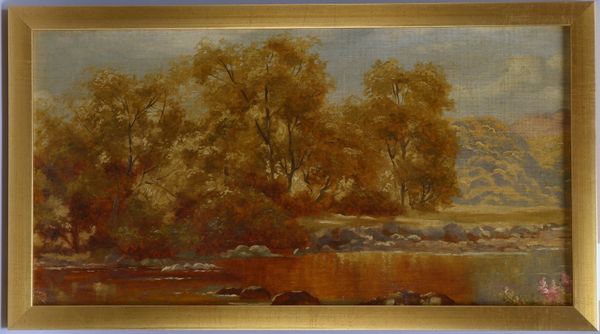 Gemälde, 'Herbstwald am Fluss', Öl/Lw, unsigniert; Maße 28 x 53 cm