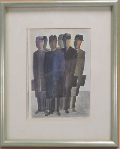 Trojevic, Vladimir, 'Herrengruppe mit Koffern', Aquarell, verso bez., hinter Glas
