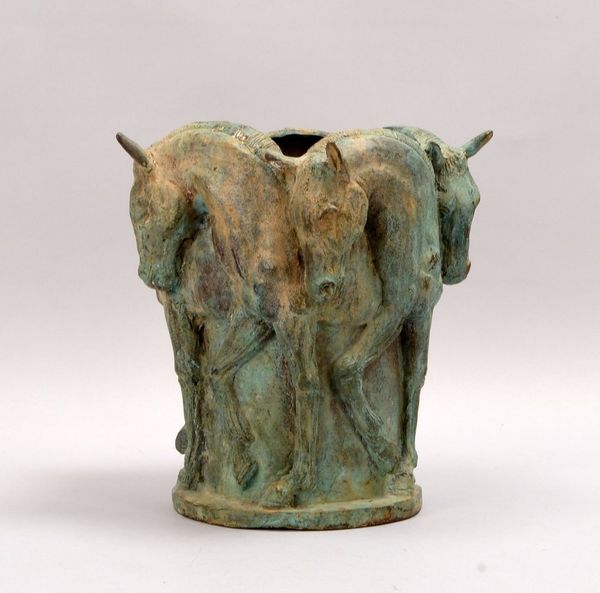 Bronze-(Über-)Topf, skulpturales Relief, 'Pferdefiguren' - schwerer massiver Guss