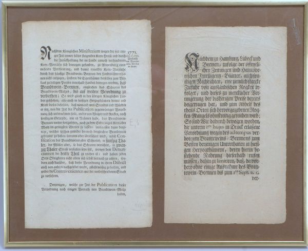 2 antike Sammler-Urkunden (1771), 'Verbot der Branntweinbrennerei', hinter Glas