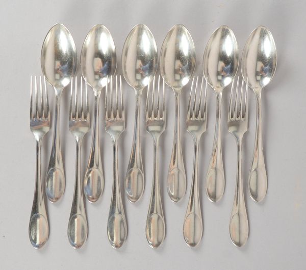 Wilkens, Tafelbesteck, 800 Silber, Entw.: Albin Müller, 6x Menügabeln/6x Menülöffel