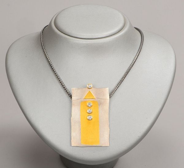 Designer-Collier, 925 Silber/Gold-Anhängerplatte mit 4x Brill./zus, ca. 0,60 ct