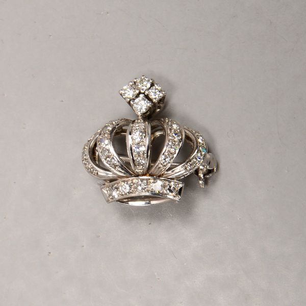 Figürl. Brosche, 750 WG (gest.), 'Krone', vielf. Diamantbesatz/zusammen 0,56 ct