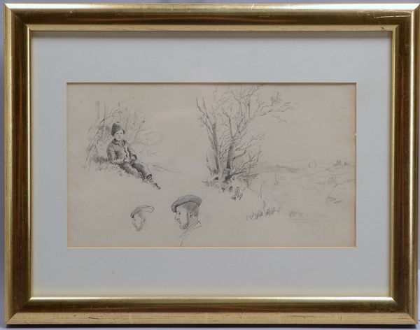 am Ende, Hans, 'Hütejunge in Landschaft', Bleistiftzeichnung, unsign., hinter Glas