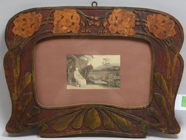 Bilderrahmen, Holz/verglast, Jugendstil-Schnitzereien; Bild-/Innenmaße 24 x 40 cm