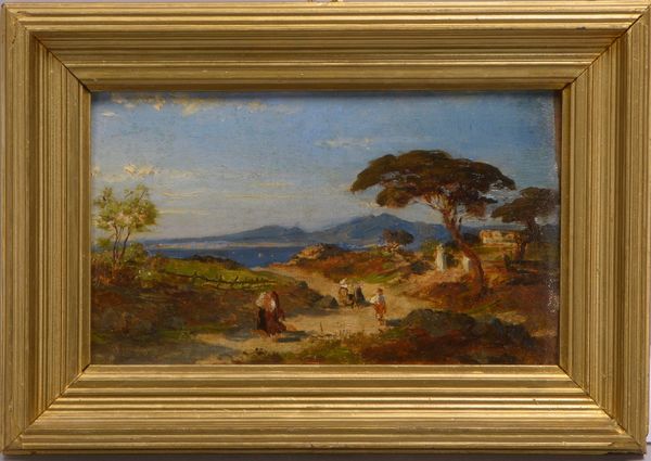 Gemälde (um 1900 oder älter), 'Südländ./ital.? Landschaft mit Personen', Öl/Lw