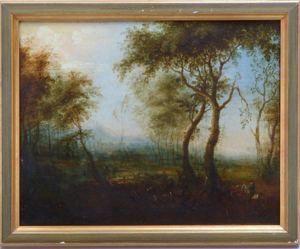Gemälde (19. Jhdt.), 'Weite Landschaft mit Stadt...', Öl auf Holzplatte, unten li. sign.