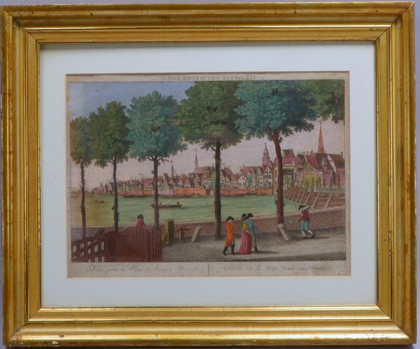 Alter Kupferstich, 'Gesichter bey der Weser Brücke zu Bremen', kol., hinter Glas