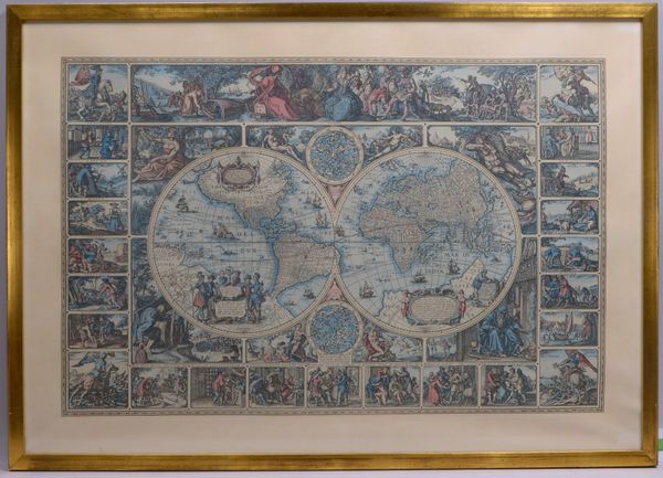 Alte Weltkarte, mit Kalendermonaten/div. Abb., in lat. Sprache, gerahmter Druck