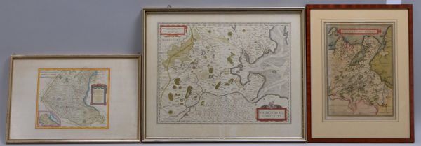 3 alte Landkarten, 'Oldenburg', kolorierte Radierungen, versch. Blätter, hinter Glas