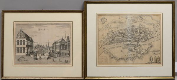 2 alte Kupferstiche, hinter Glas: 1x M. Merian, 'Brema' (um 1647); 1x 'Marckt in Bremmen'