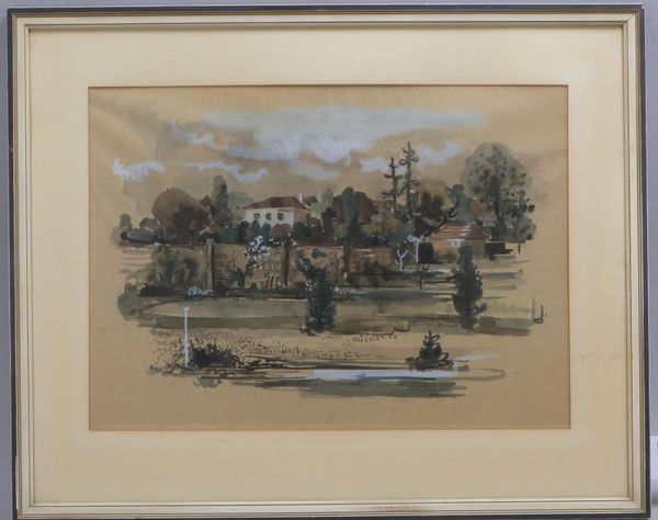 Aquarell, 'Landschaft mit Villa', unten re. (nicht eindeutig leserlich) sign., hinter Glas