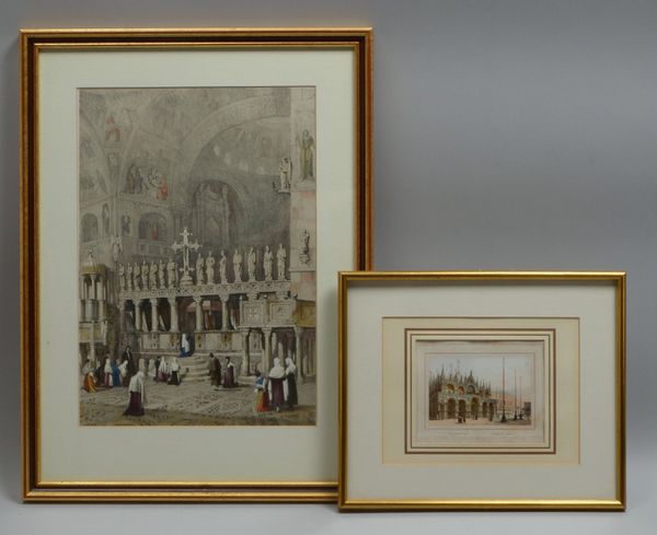 2 antike Lithografien: 'Venezian. Ansichten'/u.a. 'Basilico St. Marc', hand-/altkol.