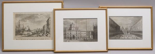 3 antike Grafiken, 'Venezian. Ansichten', hinter Glas': 1x Augsburg, um 1640; 2x um 1820