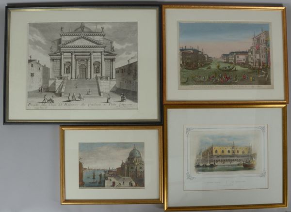 4 antike Grafiken, 'Venezian. Ansichten': 3x Kupferstiche/1 Lithografie, hinter Glas