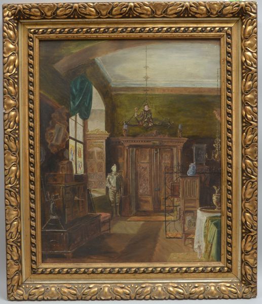 Gemälde, 'Interieur mit Ritterrüstung', Öl/Lw, unsign.; Rahmenmaße 80 x 68 cm