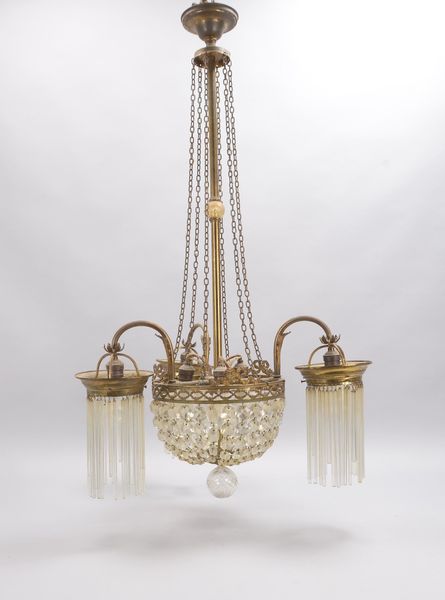 Deckenlampe, 6-flammig, mit Glasstäben und Kristallbehang