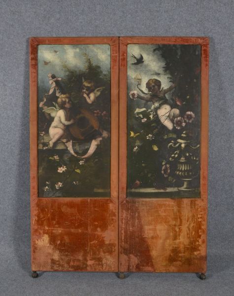 Künstler-Paravent, 2-flügelig, 2x Kassetten mit Ölmalerei/Lw, 'Putto-Darst.'