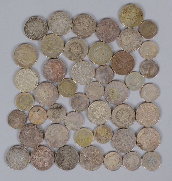 Münzsammlung ('Volksrep. Polen'), 750 Silber: 27x '5 Zloty', und 19x '2 Zloty'; Gew. 375 g