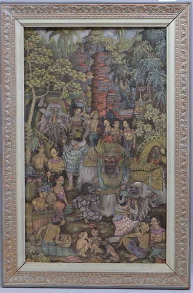 Gemälde (Indonesien), 'Indones. Götter und Menschen', Tusche auf Leinwand/ger.