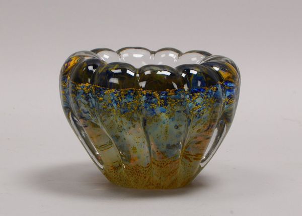 Glasschale, doppelwandiger Korpus, Klarglas mit blauen/goldf. Einschlüssen