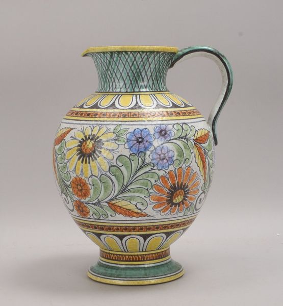 Gr. Bodenvase, Keramik, Krugform, Korpus umlaufend mit flor. Handbemalung