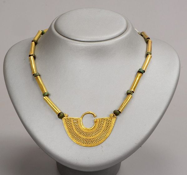 Azteken-Collier, mit 750 GG-Sinú-Anhänger, stabf. 585 GG-Zwischenelem. und Türkis
