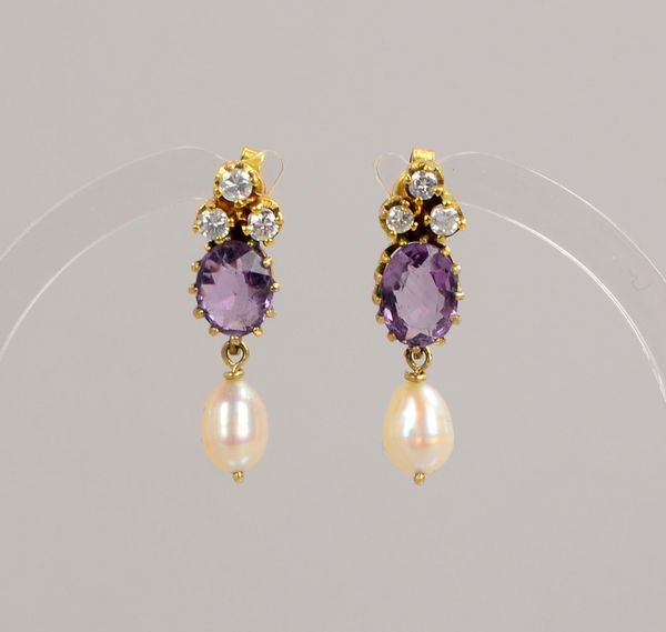 Paar Ohrstecker, 585 GG (gepr.), mit Perlenbesatz, Amethyst und Brillanten; Gew. 4 g