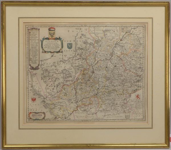 Antike Landkarte, 'Schlesien', Kupferstich/grenzkol., unter PP hinter Glas gerahmt