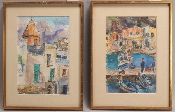 Fritz, A., 2 Aquarelle, jeweils sign./dat. (19)'72', hinter Glas: 'Häuserfassade', 'Kleiner Hafen'