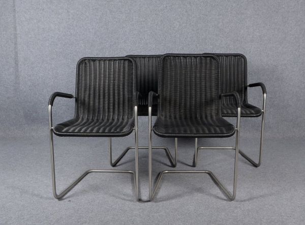 Tecta, 4 Freischwinger, Aluminium-/Stahlrohr und schwarzes Kunstfaser-Geflecht