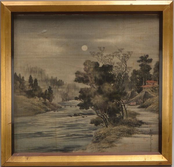 Seidenmalerei (China), 'Landschaft im Mondschein', unten re. sign., hinter Glas